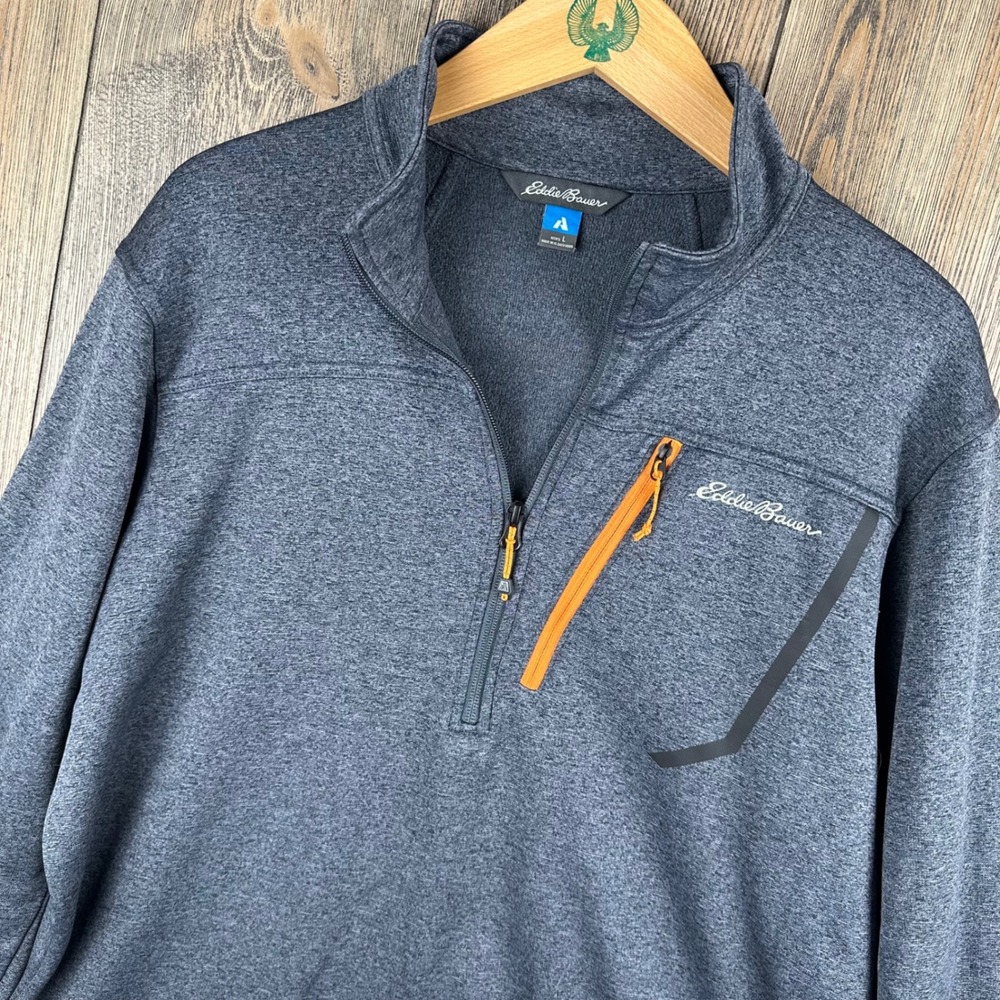 Eddie Bauer First Ascent Mens L 1/4 Zip Pullover Grey Fleece Jacket Orange Trim